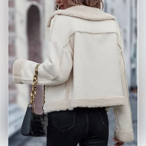 PLM Pascale La Mode Short Faux Wool Shearling, Suede Coat, Button Front, NWT - Picture 6 of 16